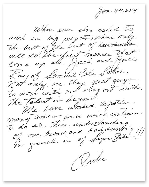 Note from Oribe to Jack and Joelle Ray at Samuel Cole Salon