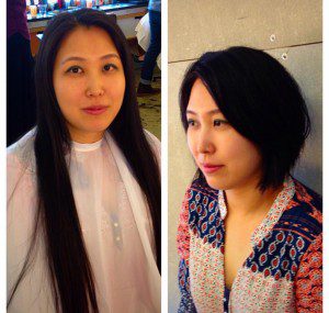 A before and after shot of stylist Denise's model